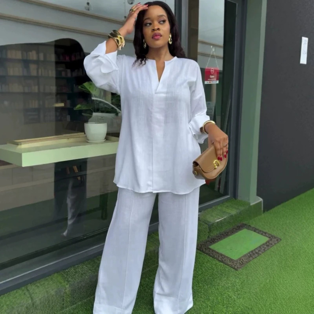 ZARA African 2 Piece Simple Solid Long Sleeve Shirt Casual Pants Women